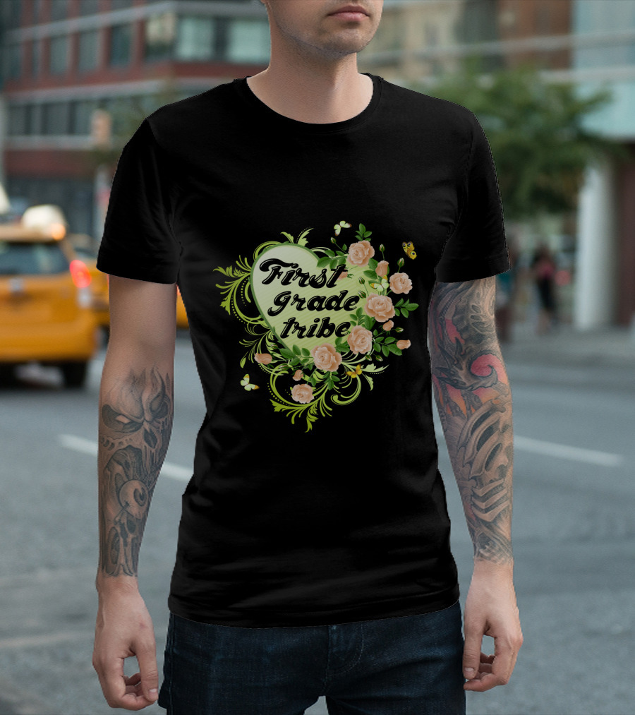 First Grade Tribe Floral Heart Butterfly Womens Teacher T-Shirt