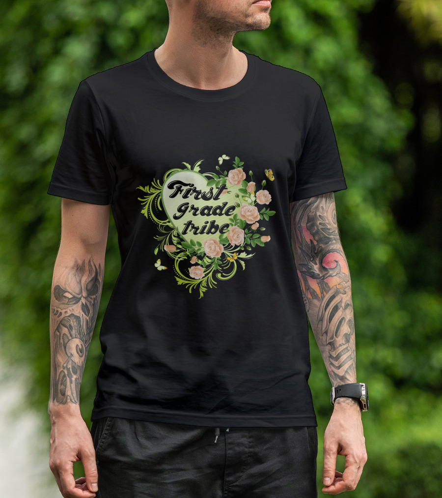 First Grade Tribe Floral Heart Butterfly Womens Teacher T-Shirt