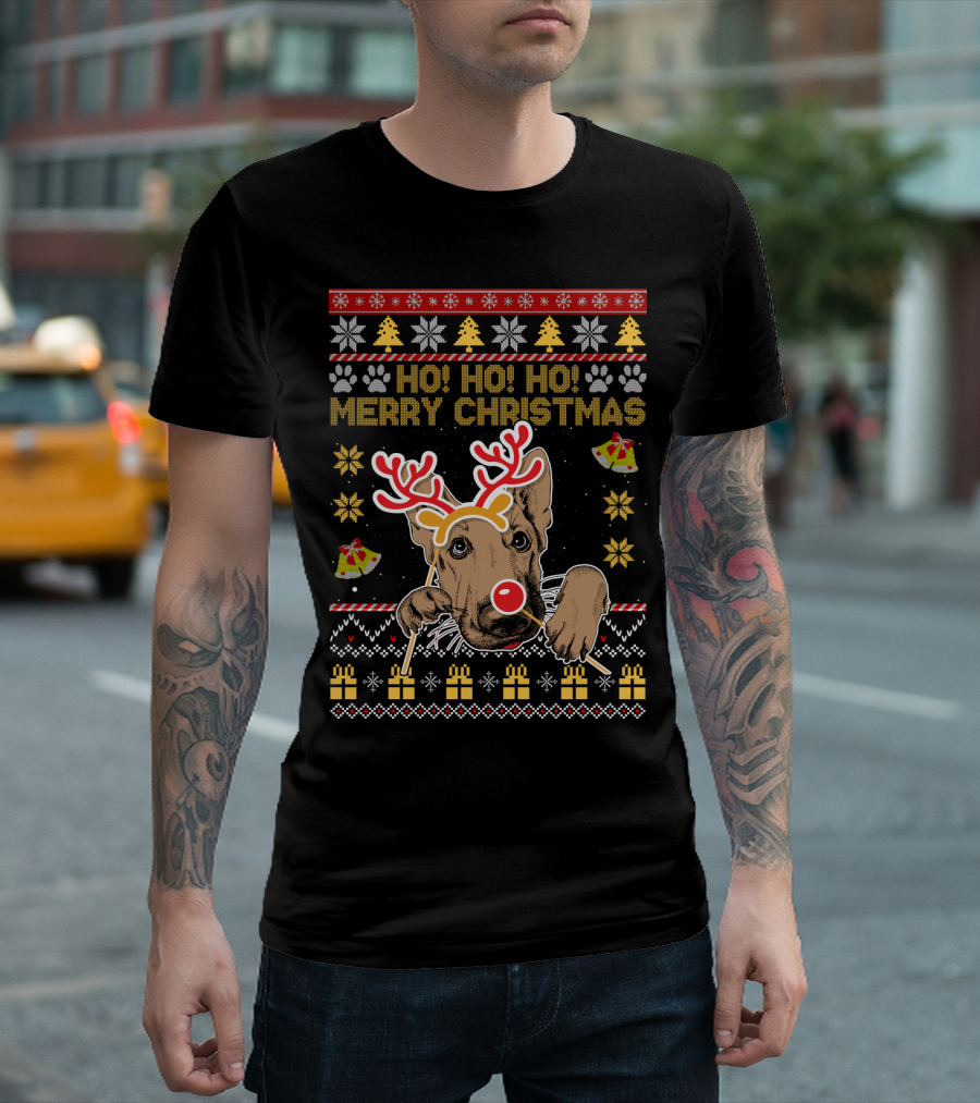 HO HO HO Merry Christmas German Shepherd Reindeer Antlers Ugly Sweater Style Holiday Bells Presents Snowflakes T-Shirt