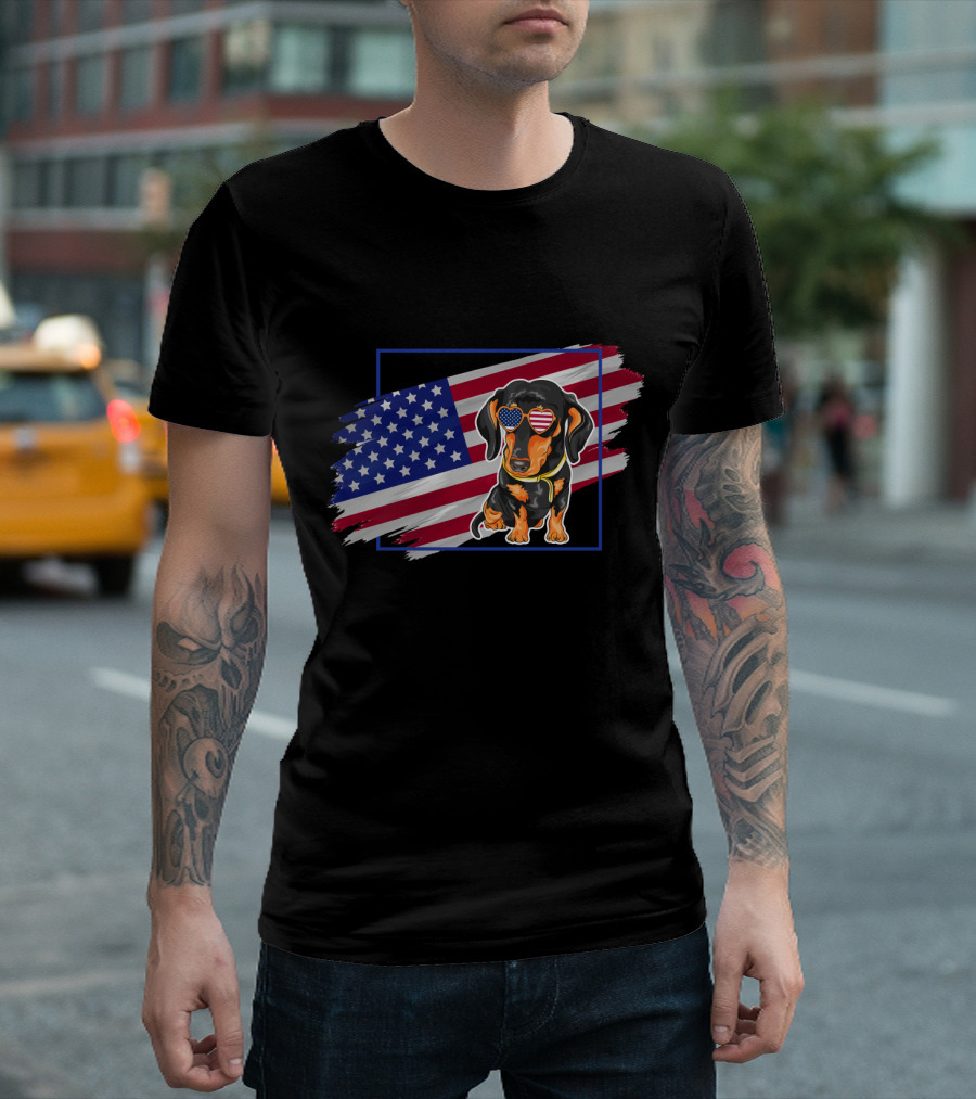 4th Of July Patriotic Dachshund Dog With American Flag Sunglasses T-Shirt