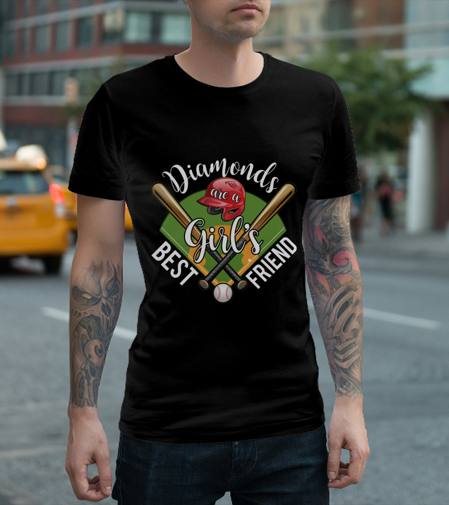 Diamonds Are a Girl's Best Friend Baseball Theme with Bats, Red Helmet, and Field T-Shirt