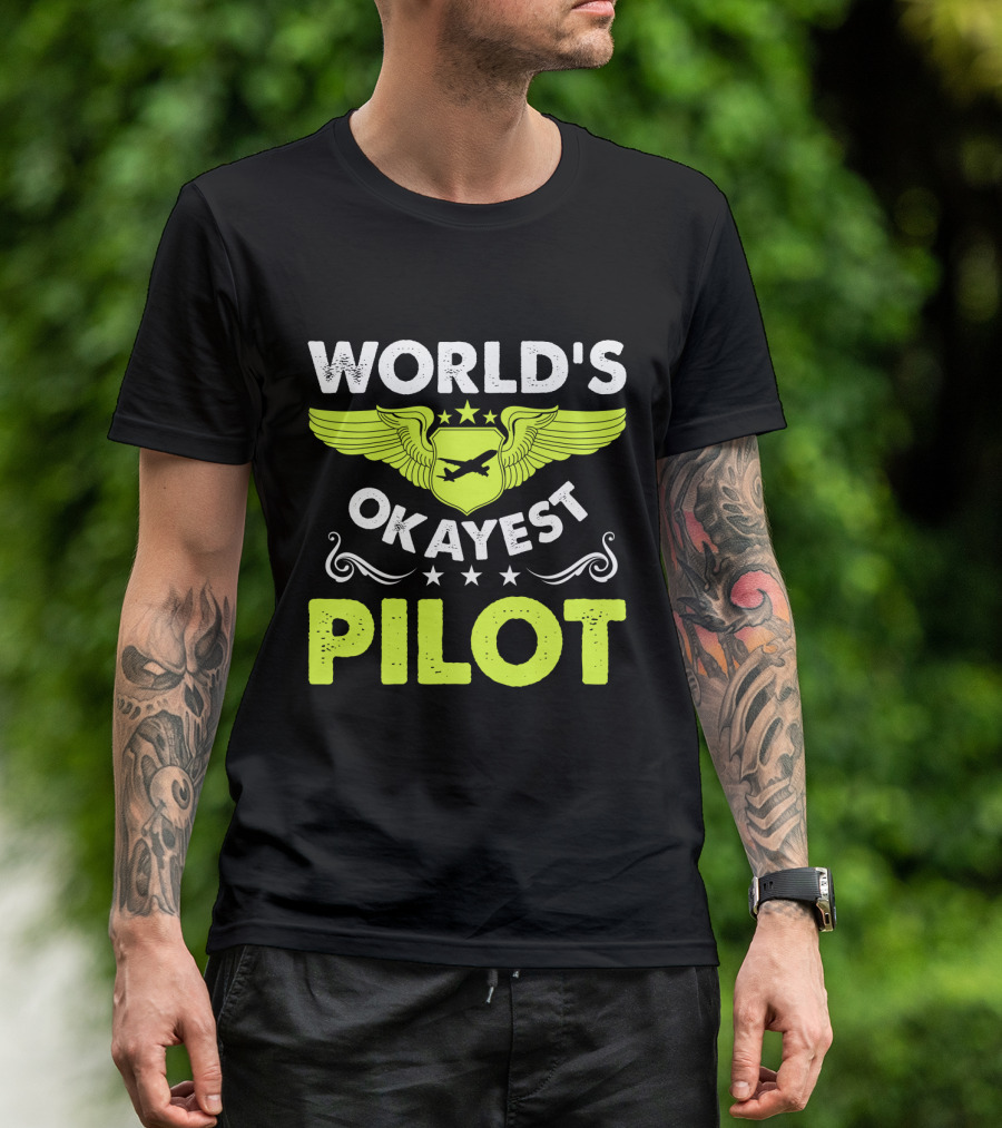 WORLD'S OKAYEST PILOT Wing Emblem Stars T-Shirt