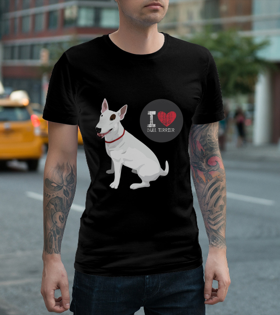 I Love Bull Terrier White Dog Sitting with Red Collar T-Shirt