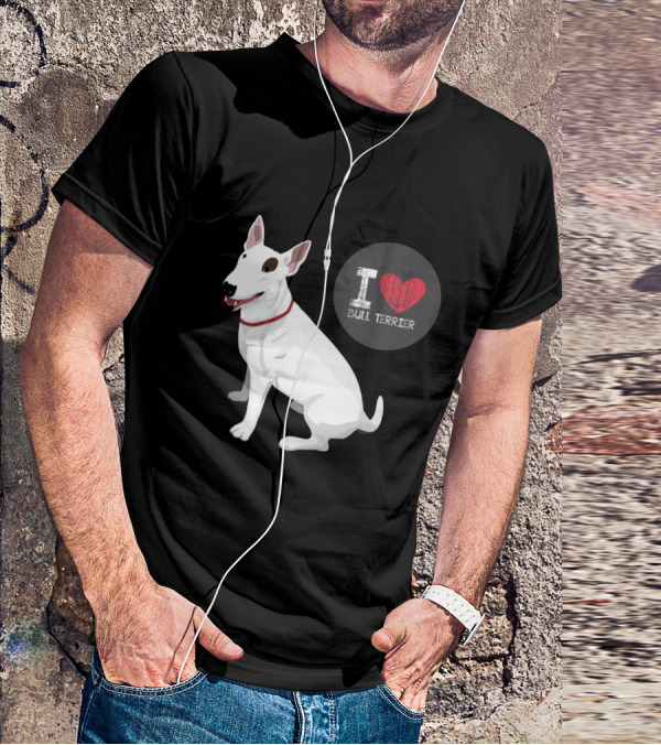 I Love Bull Terrier White Dog Sitting With Red Collar T-Shirt