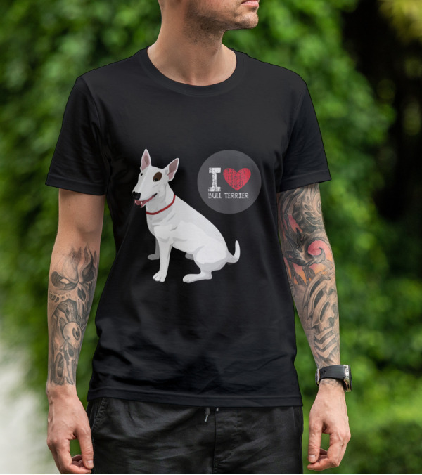 I Love Bull Terrier White Dog Sitting With Red Collar T-Shirt