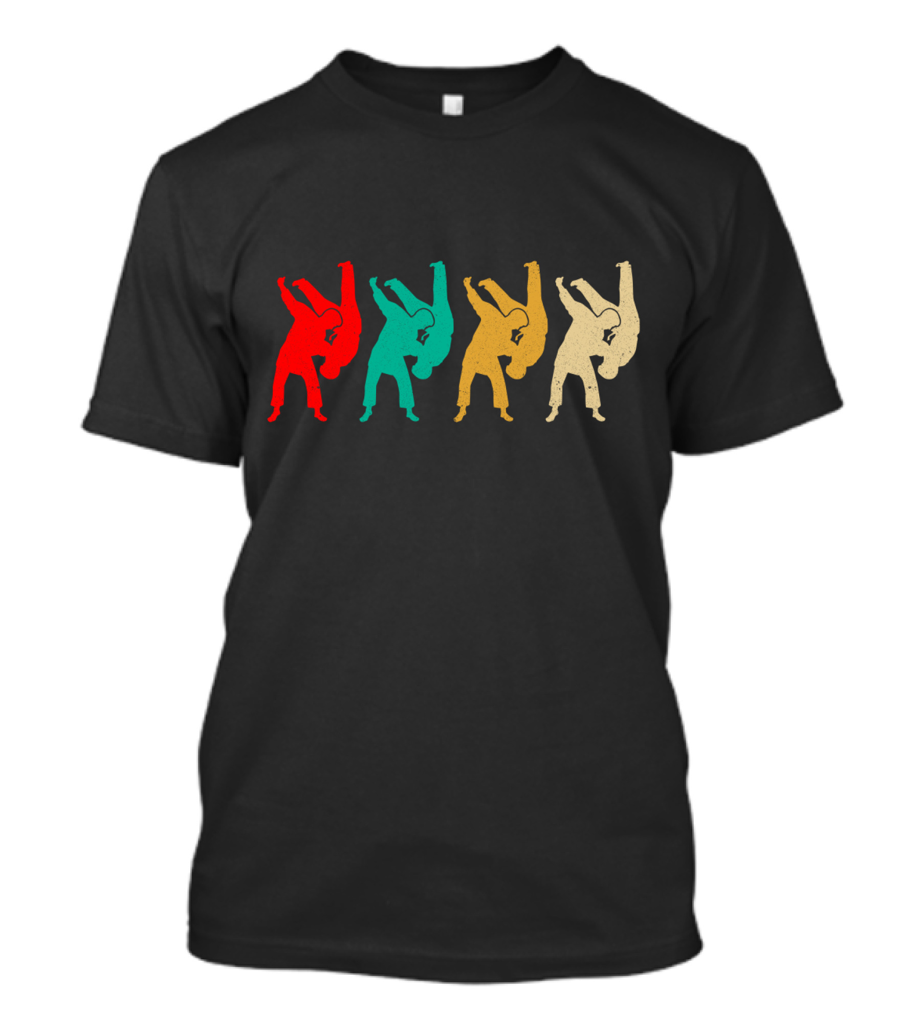 Vintage Judo Throw Silhouettes Red Teal Yellow Beige T-Shirt