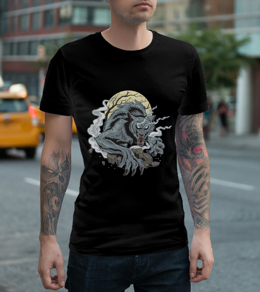 Spooky Horror Wolf Full Moon Creature with Claws and Smoke T-Shirt