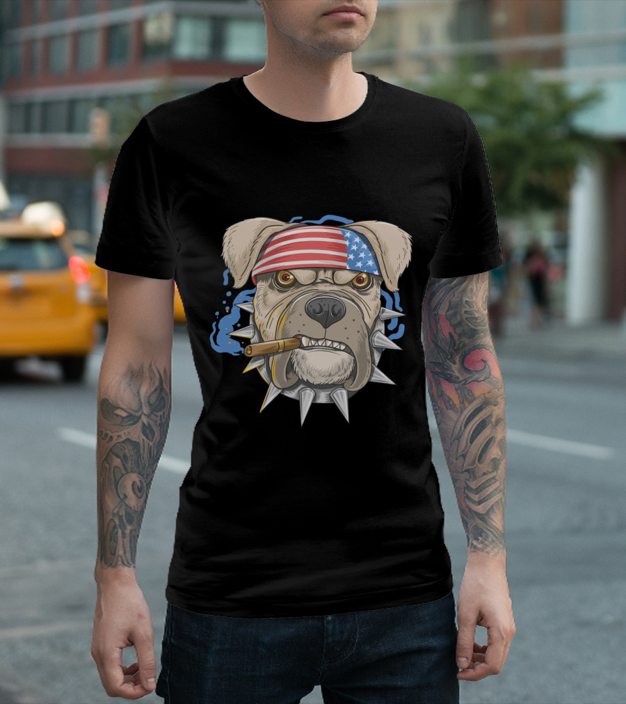 Pit Bull Dog American Punk Head Spiked Collar Patriotic Bandana Cigar T-Shirt
