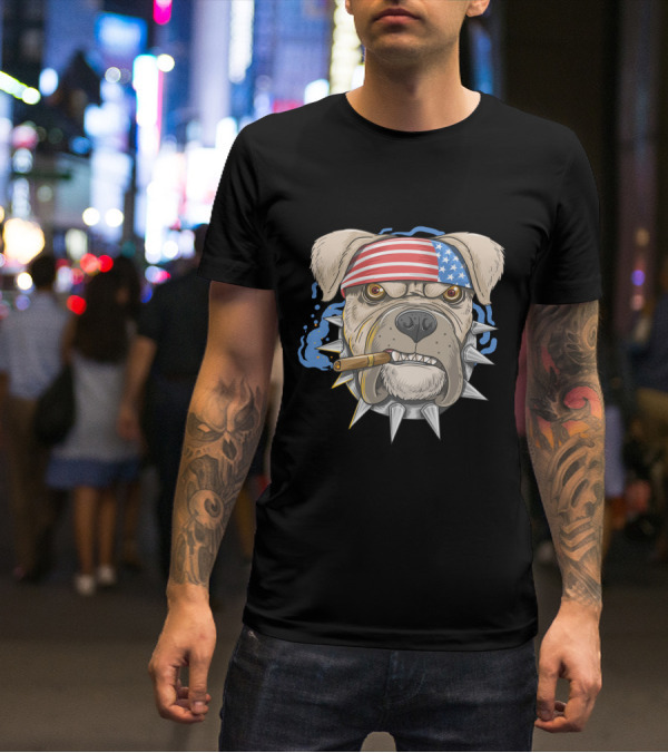 Pit Bull Dog American Punk Head Spiked Collar Patriotic Bandana Cigar T-Shirt