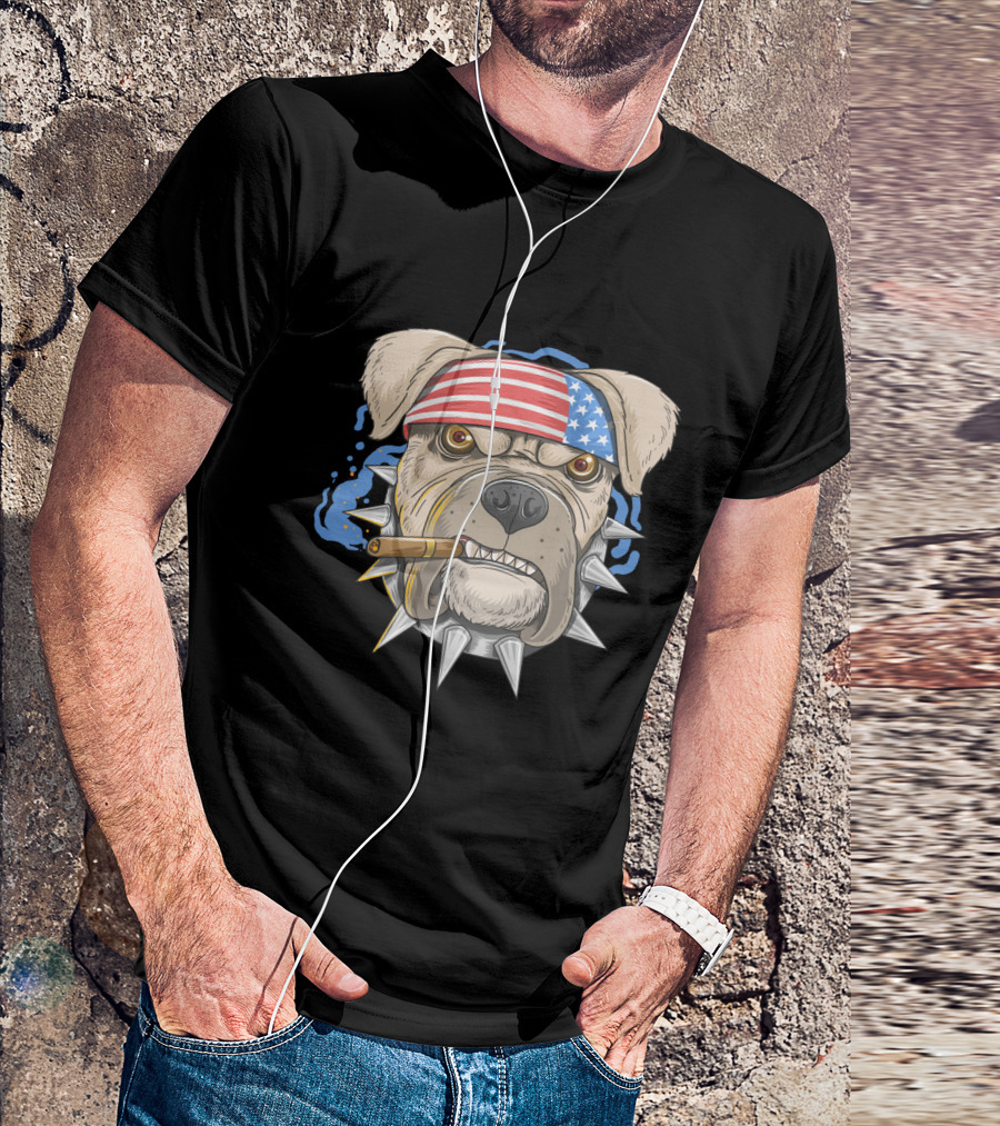 Pit Bull Dog American Punk Head Spiked Collar Patriotic Bandana Cigar T-Shirt