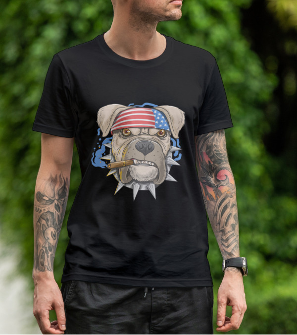 Pit Bull Dog American Punk Head Spiked Collar Patriotic Bandana Cigar T-Shirt
