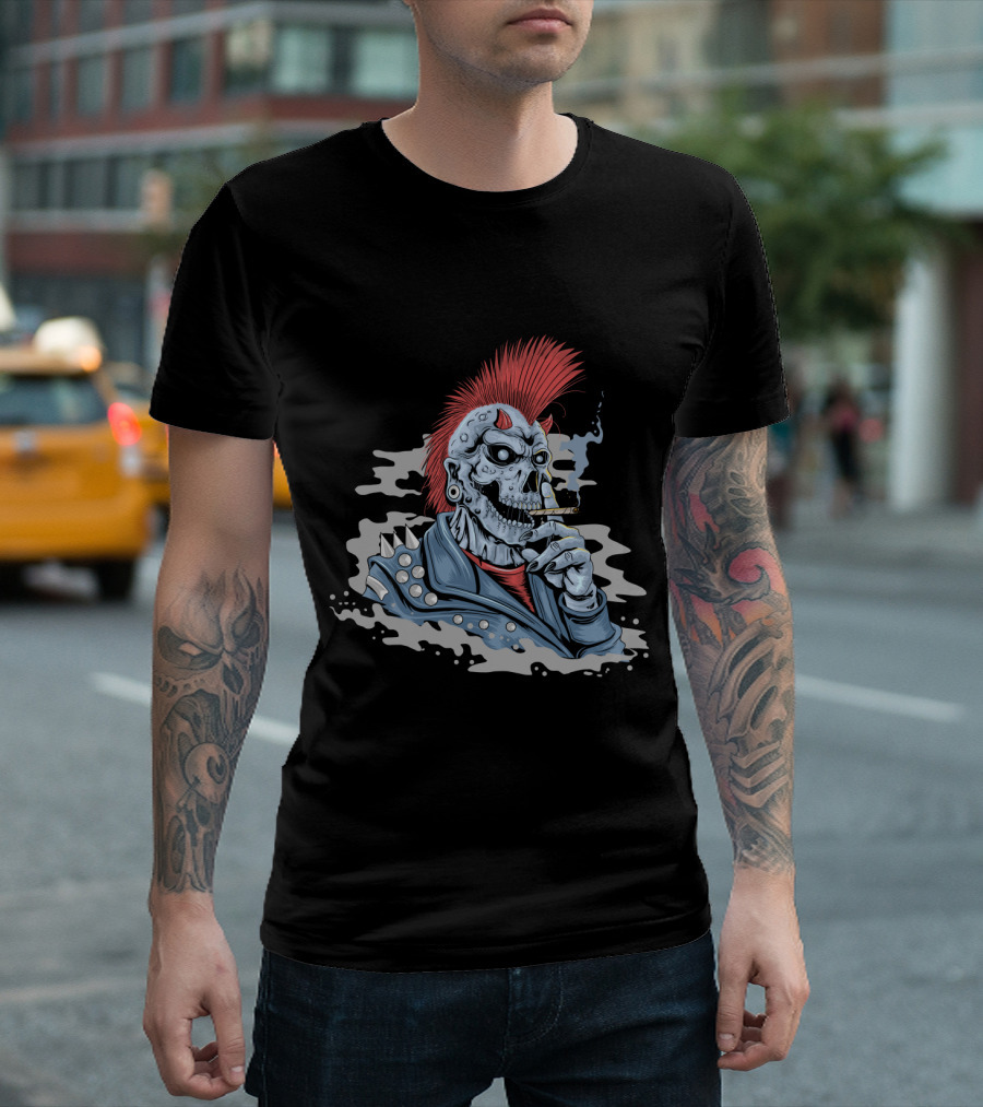 Skull Punk Mohawk with Spiked Leather and Smoking Cigarette T-Shirt