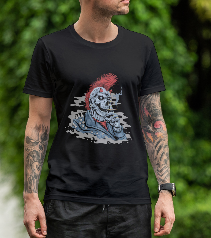 Skull Punk Mohawk With Spiked Leather And Smoking Cigarette T-Shirt