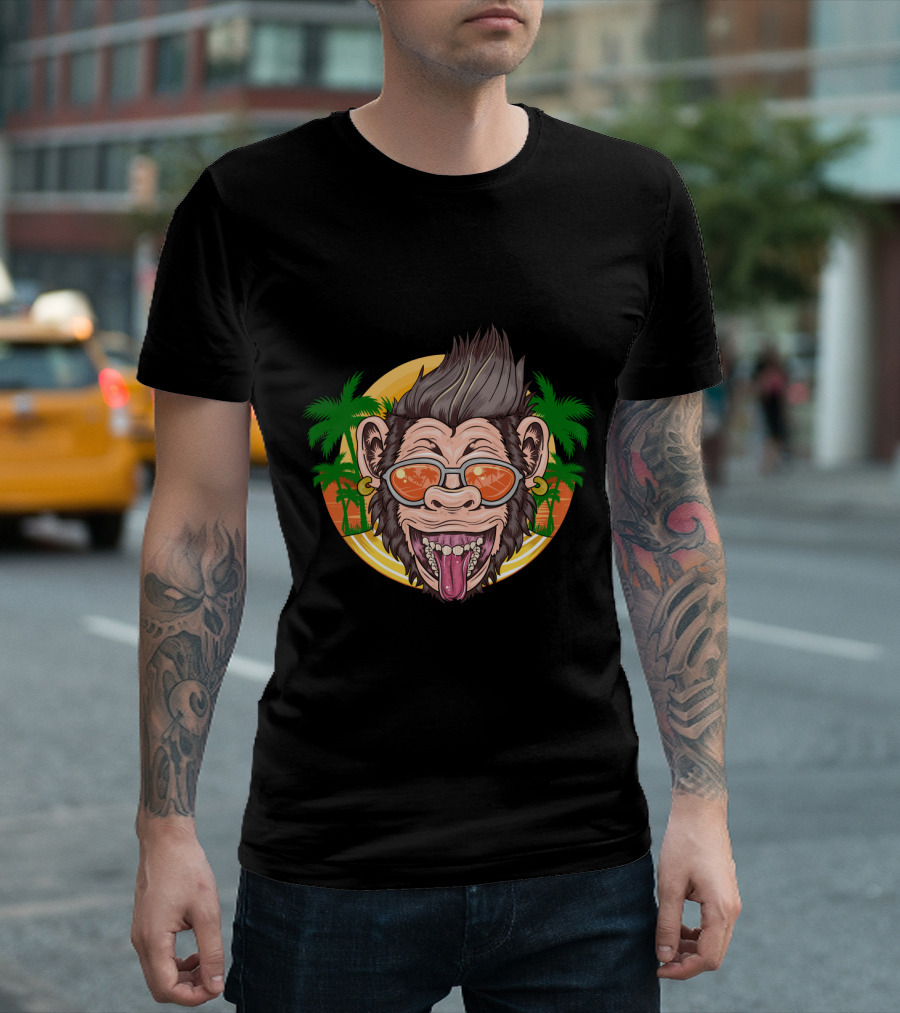 Funny Chimpanzee Sunglasses Tropical Sunset T-Shirt