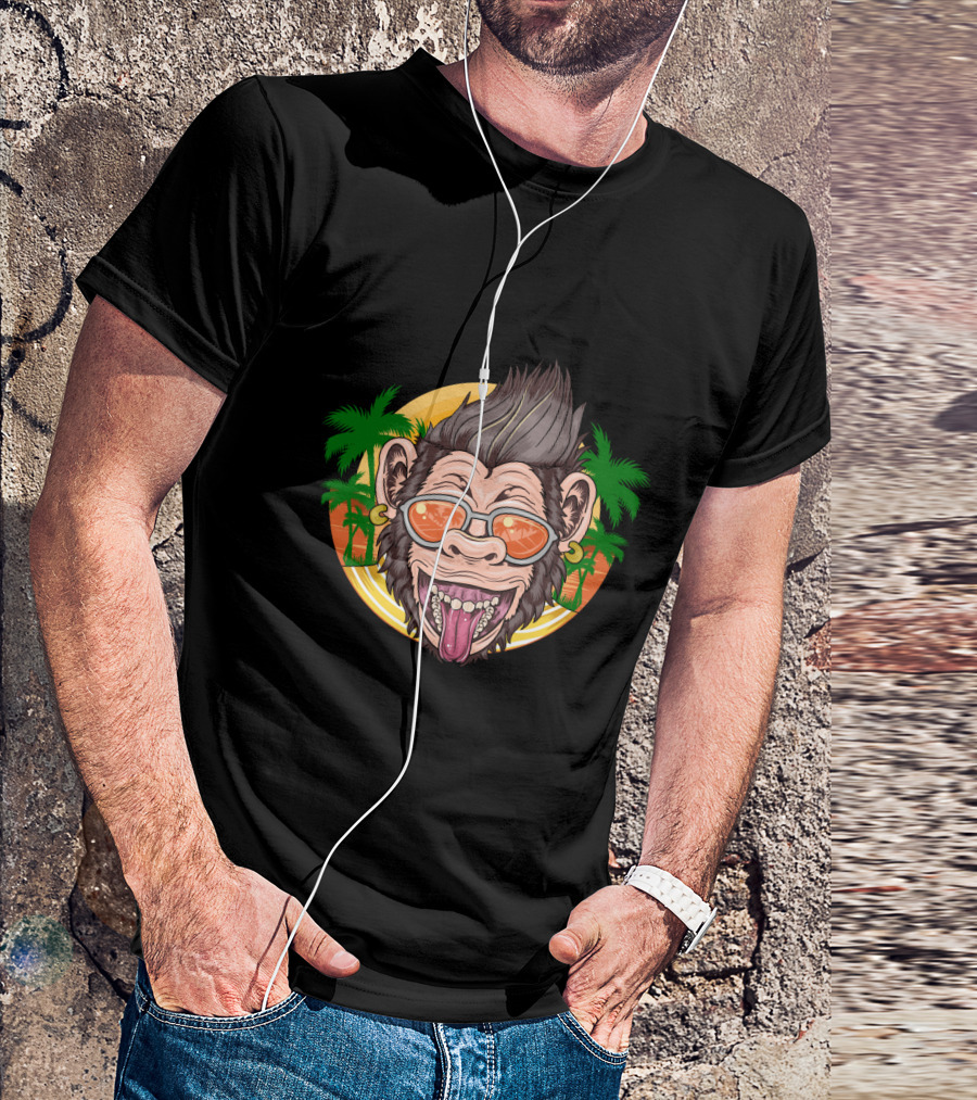 Funny Chimpanzee Sunglasses Tropical Sunset T-Shirt