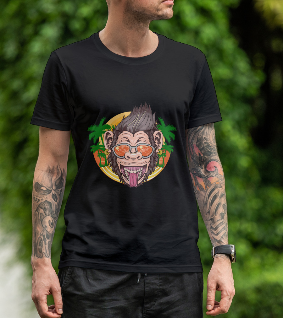 Funny Chimpanzee Sunglasses Tropical Sunset T-Shirt