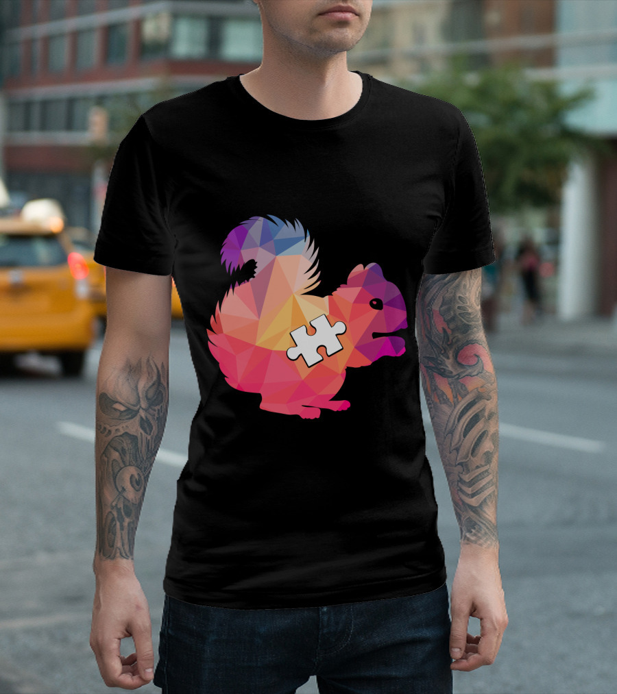 Squirrel Autism Awareness Puzzle Piece Geometric Multicolor T-Shirt