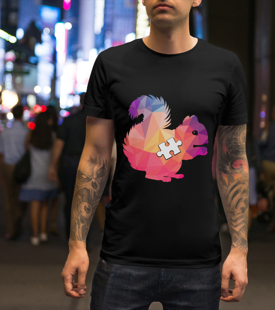 Squirrel Autism Awareness Puzzle Piece Geometric Multicolor T-Shirt