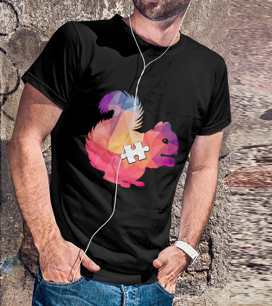Squirrel Autism Awareness Puzzle Piece Geometric Multicolor T-Shirt