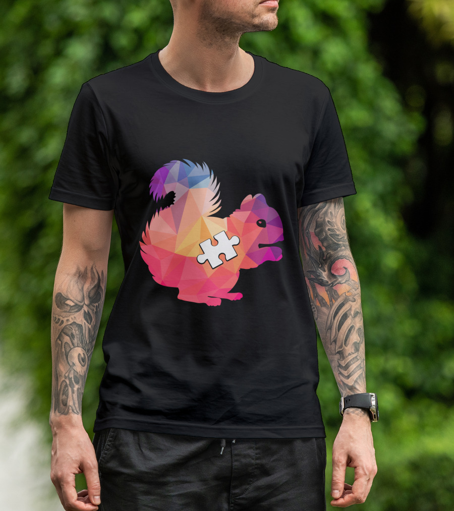 Squirrel Autism Awareness Puzzle Piece Geometric Multicolor T-Shirt