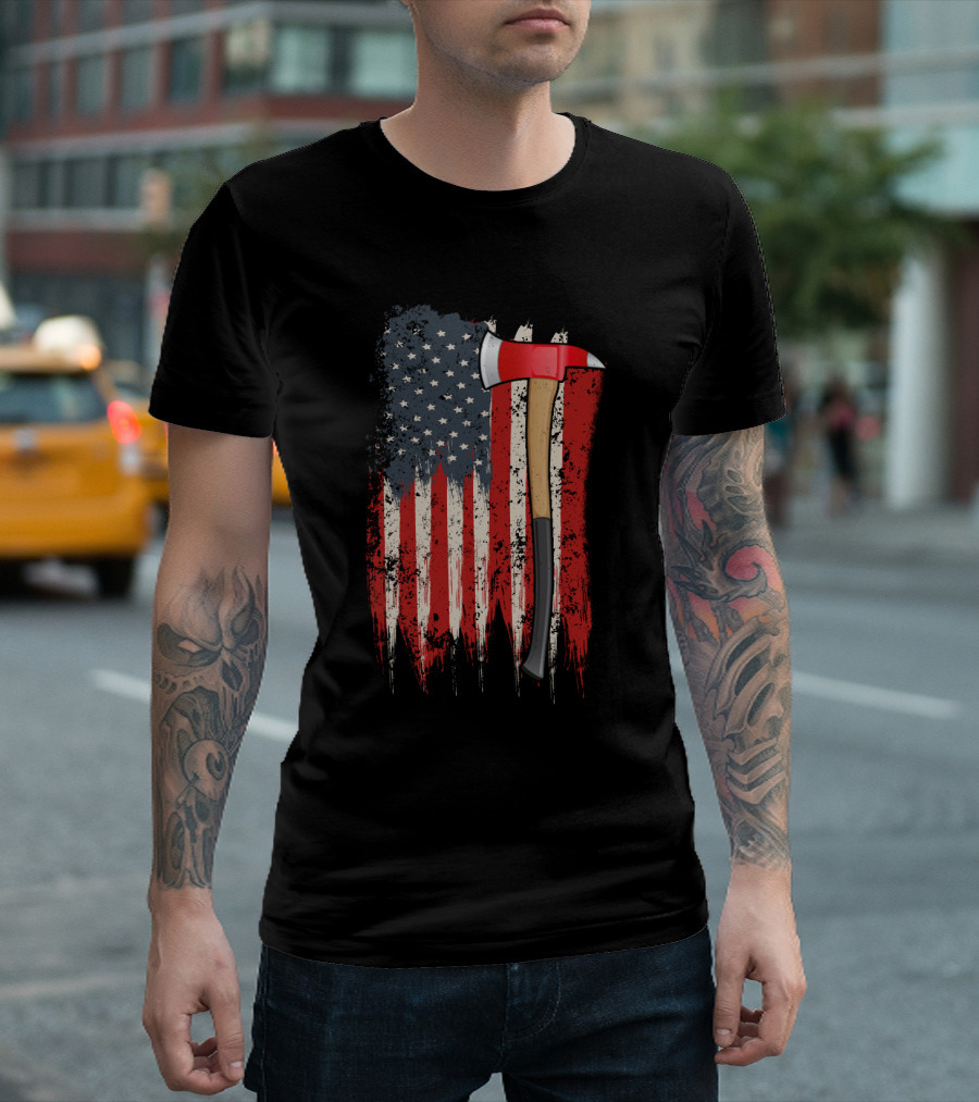 American Flag Themed Firefighter Axe Symbolizing Patriotism T-Shirt