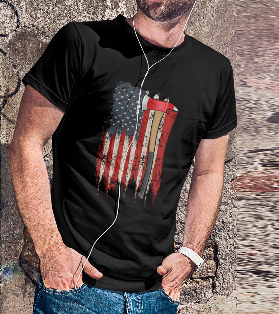 American Flag Themed Firefighter Axe Symbolizing Patriotism T-Shirt