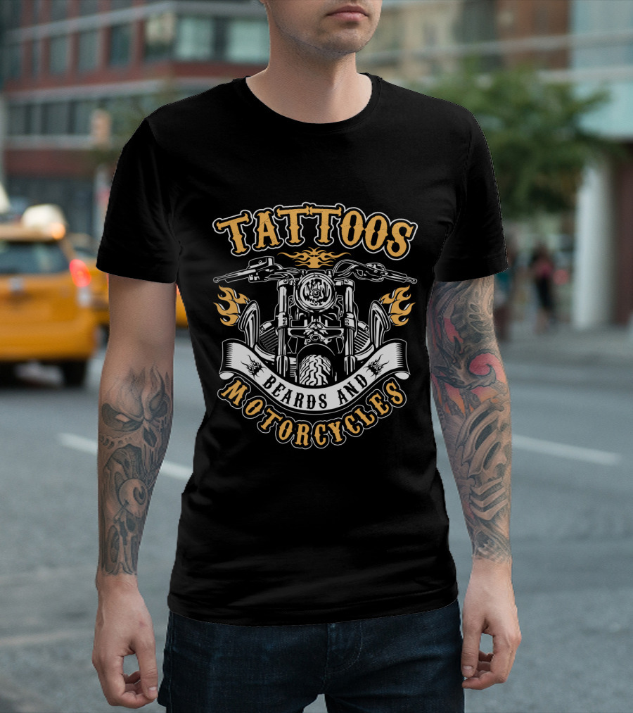Tattoos Beards And Motorcycles Tattooed Bearded Biker Flames Banners T-Shirt