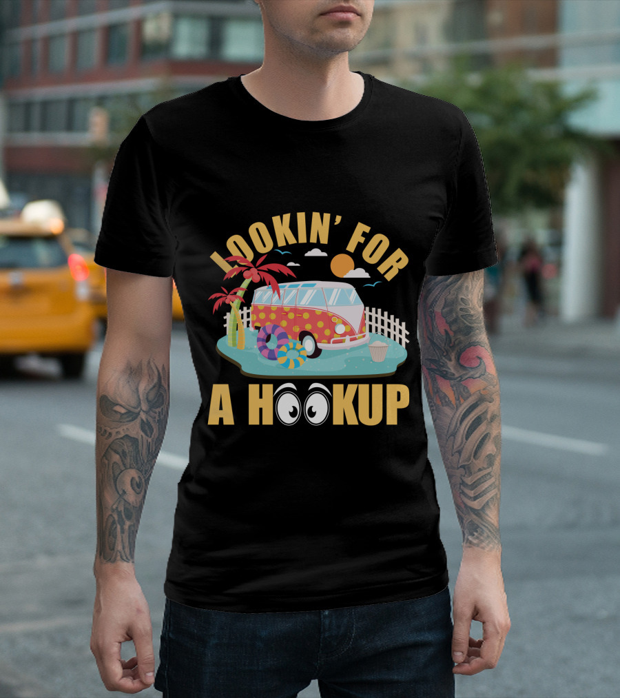 Lookin' For A Hookup Camper Van Beach Scene with Palm Tree and Sun T-Shirt