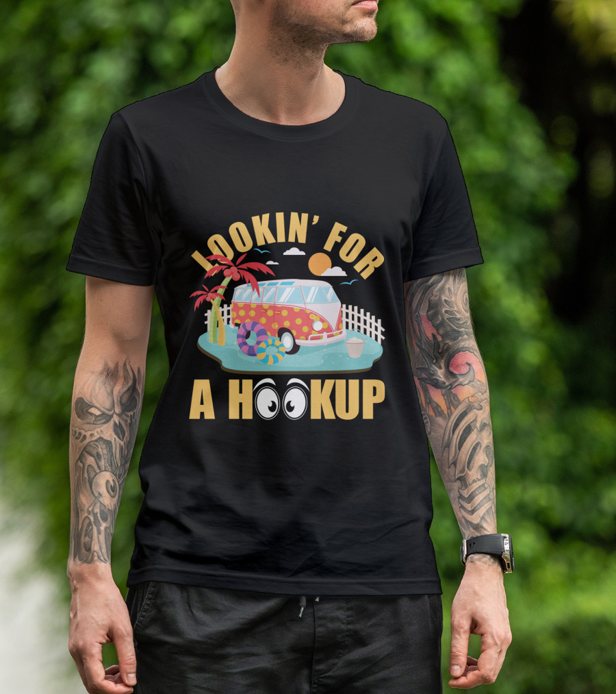 Lookin' For A Hookup Camper Van Beach Scene With Palm Tree And Sun T-Shirt