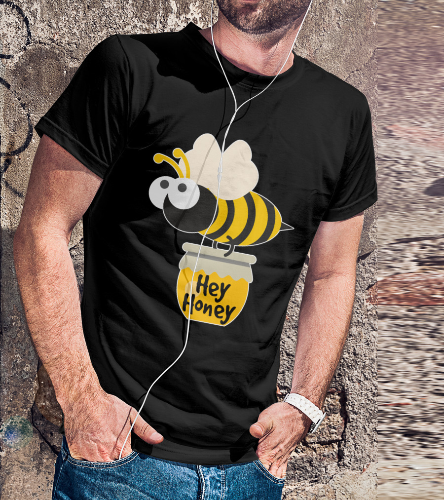 Hey Honey Fun Bee Yellow Striped Cartoon Bee On Honey Jar T-Shirt