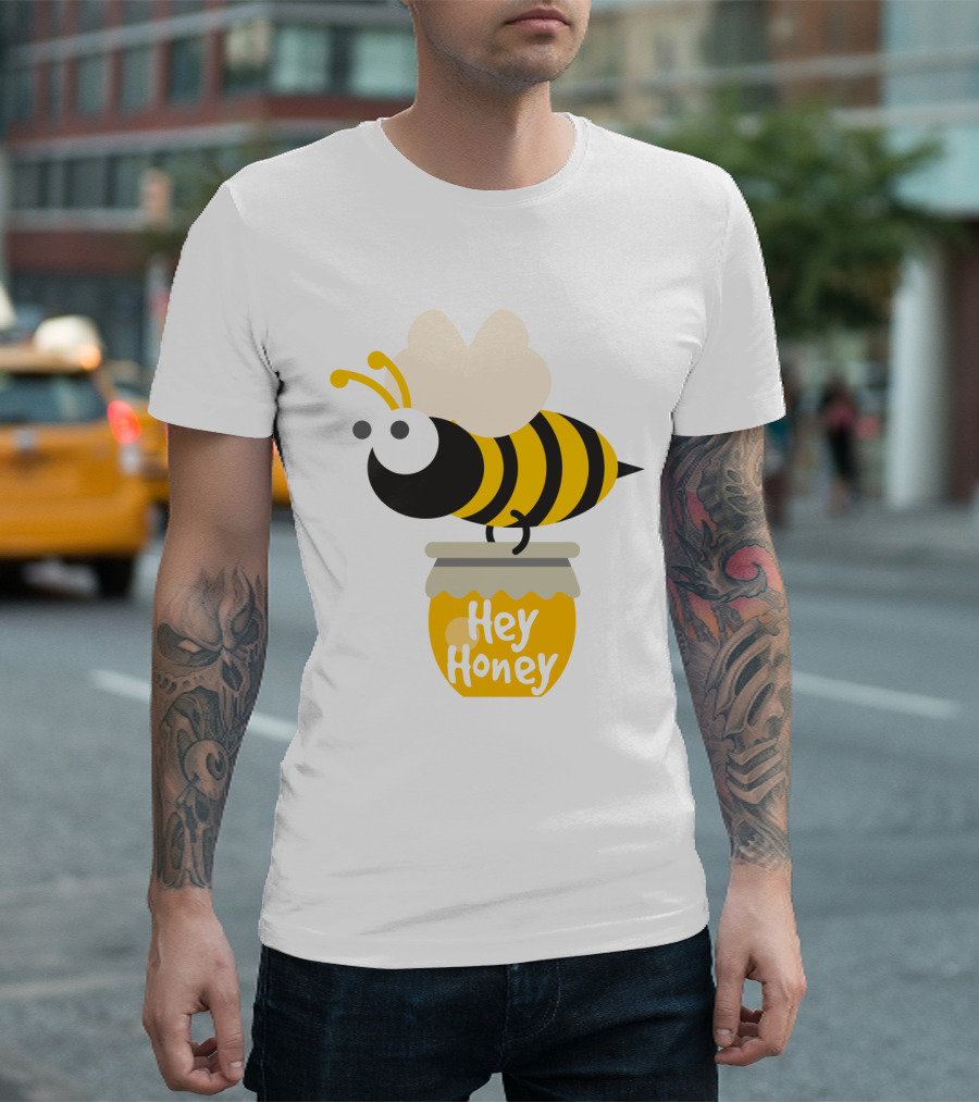 Hey Honey Fun Bee Yellow Striped Cartoon Bee on Honey Jar T-Shirt