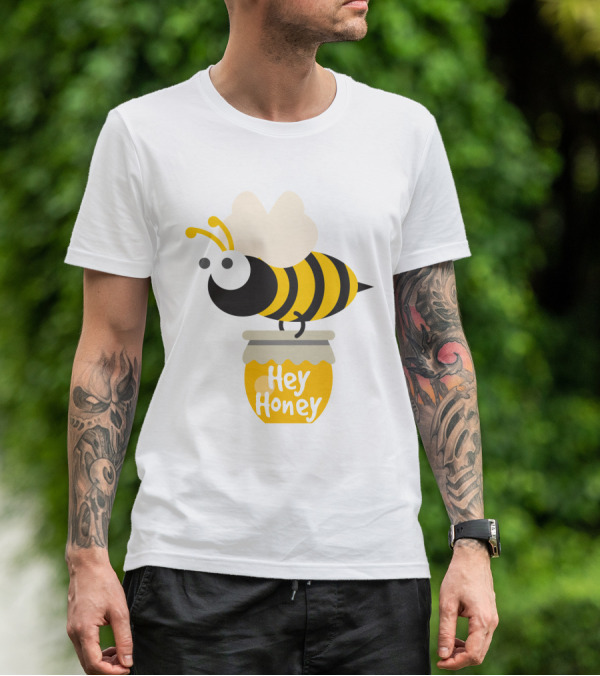 Hey Honey Fun Bee Yellow Striped Cartoon Bee On Honey Jar T-Shirt