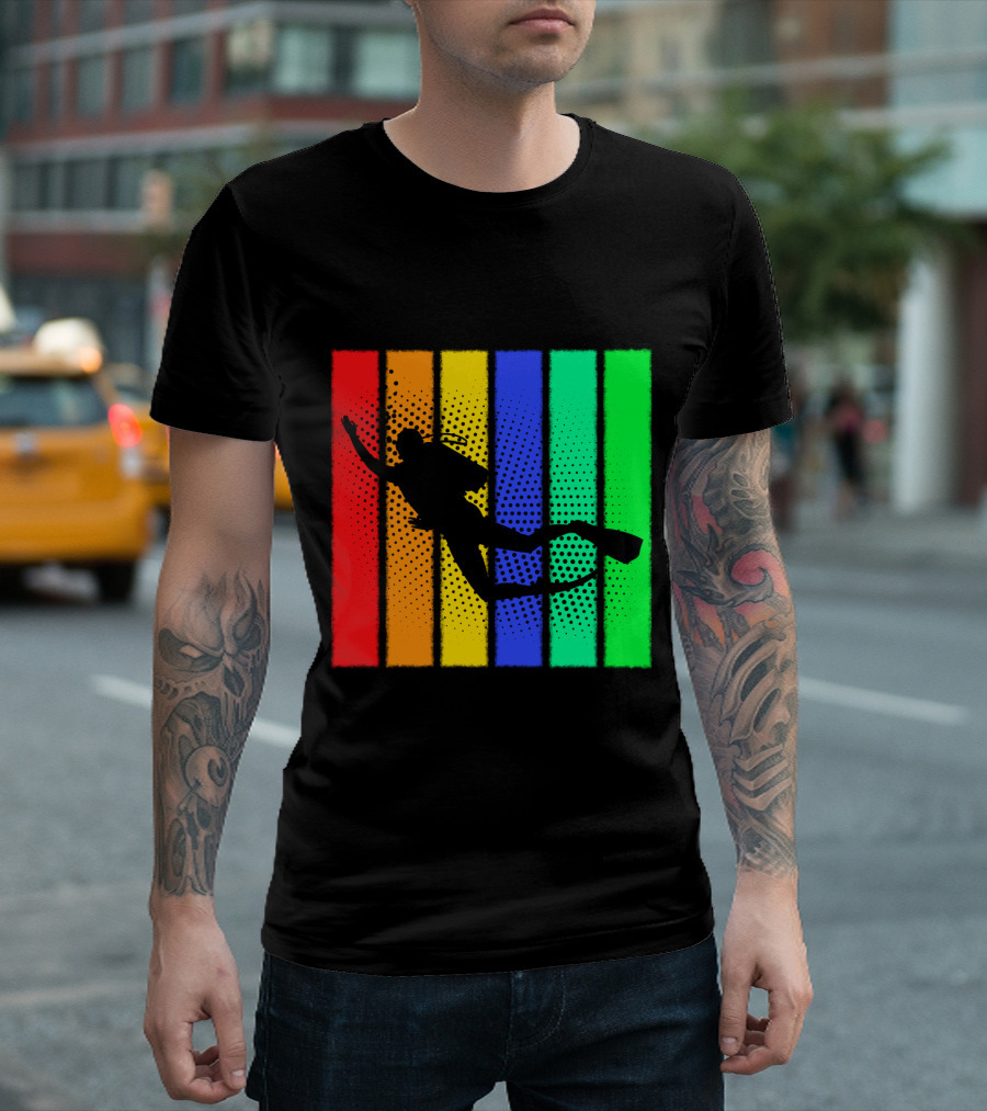 Retro Snorkeling Diver Silhouette Rainbow Stripes T-Shirt