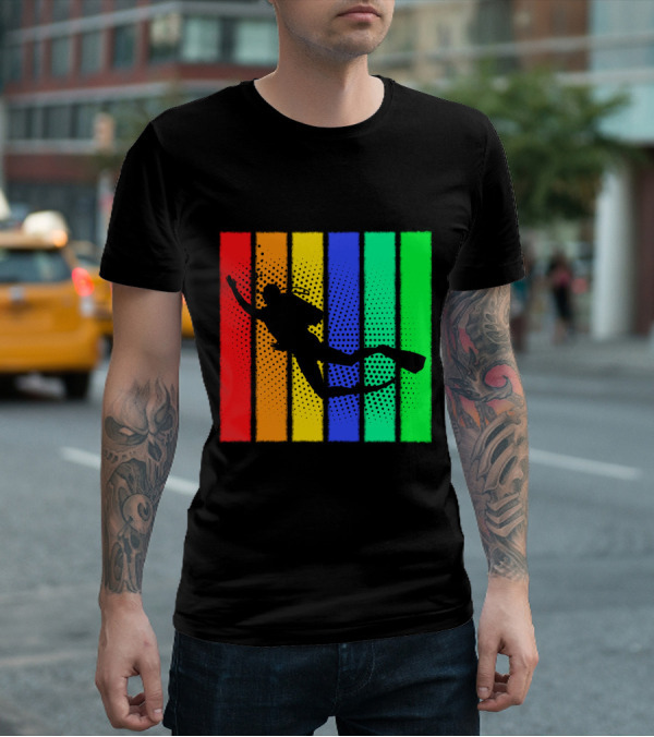 Retro Snorkeling Diver Silhouette Rainbow Stripes T-Shirt