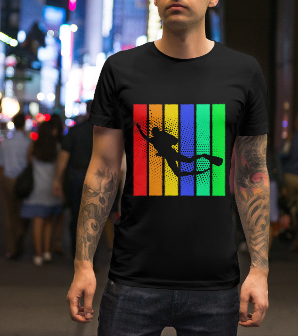 Retro Snorkeling Diver Silhouette Rainbow Stripes T-Shirt