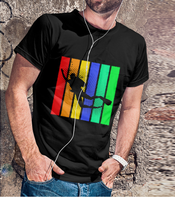 Retro Snorkeling Diver Silhouette Rainbow Stripes T-Shirt