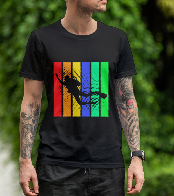 Retro Snorkeling Diver Silhouette Rainbow Stripes T-Shirt