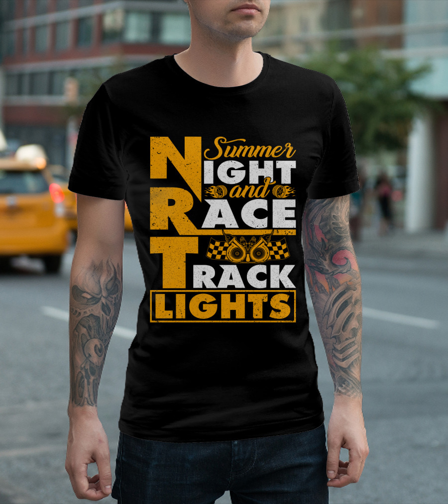 Summer Night and Race Track Lights with Engine and Checkered Flags T-Shirt