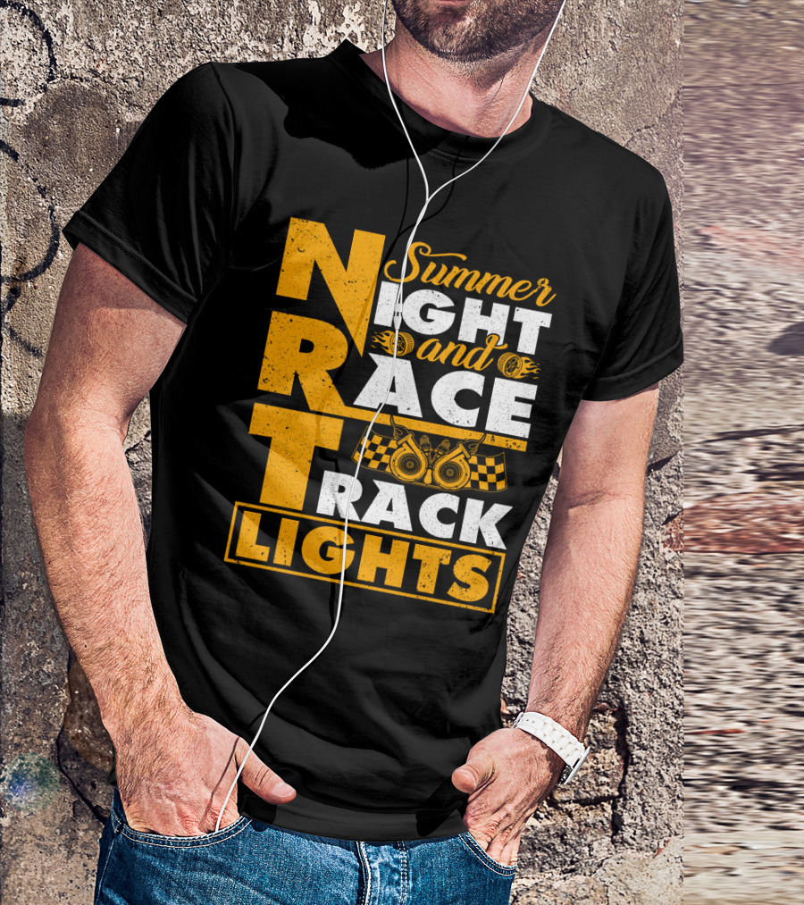 Summer Night And Race Track Lights With Engine And Checkered Flags T-Shirt