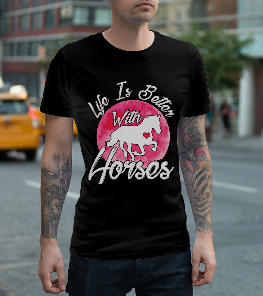 Life Is Better With Horses White Silhouette and Pink Watercolor Circle T-Shirt