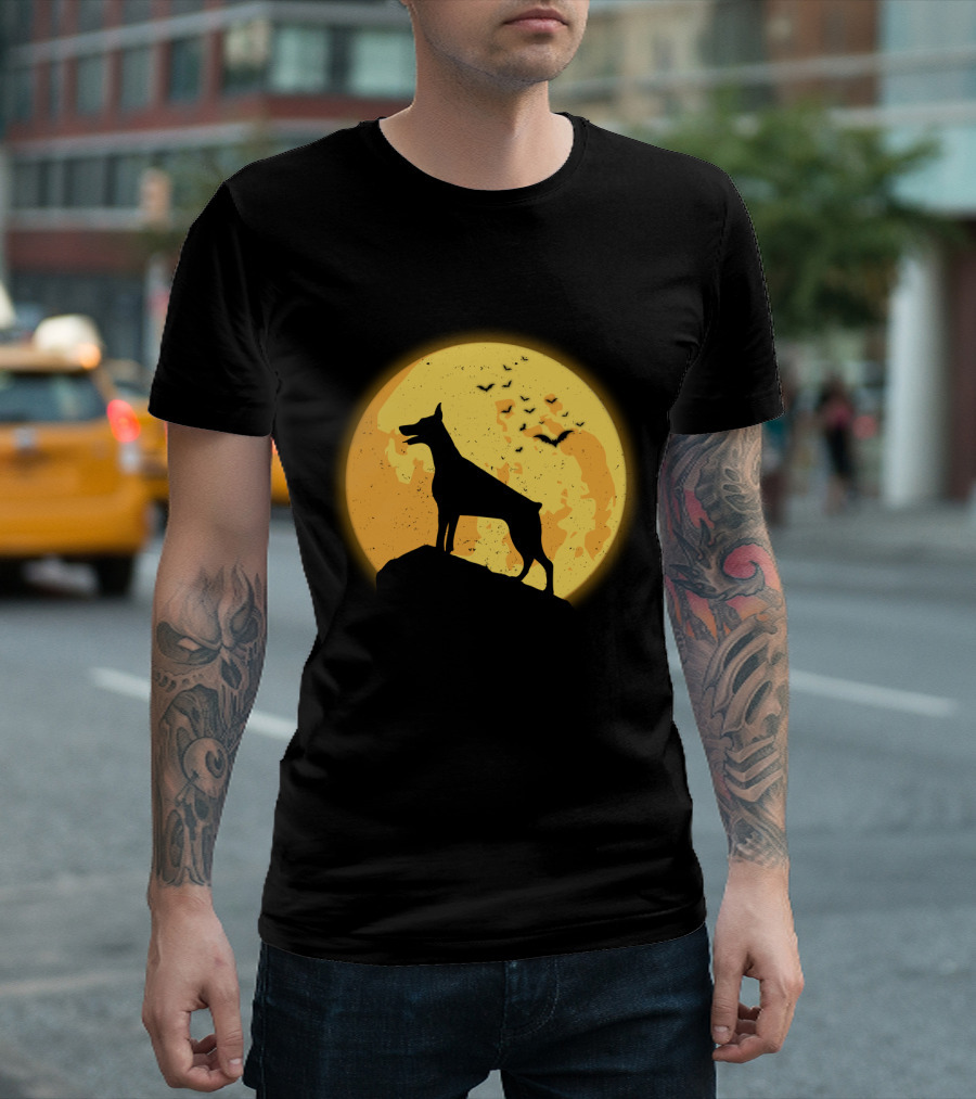 DOBERMAN Dog Silhouette Against Orange Moon Night Scene T-Shirt