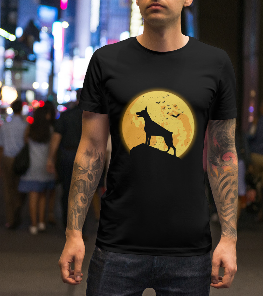 DOBERMAN Dog Silhouette Against Orange Moon Night Scene T-Shirt