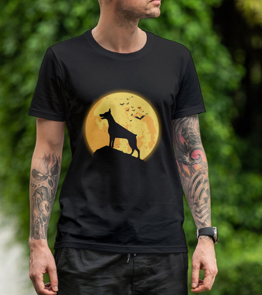 DOBERMAN Dog Silhouette Against Orange Moon Night Scene T-Shirt