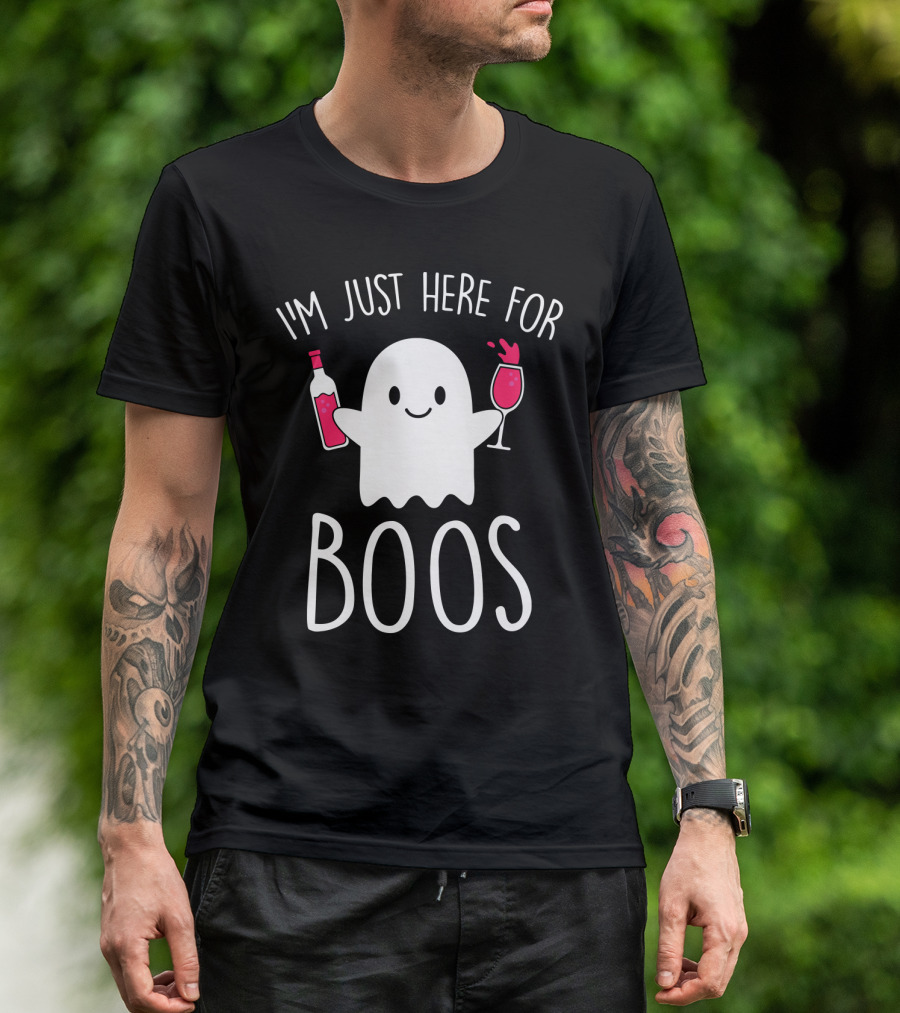 I'm Just Here For Boos Ghost Holding Wine Bottle And Glass T-Shirt