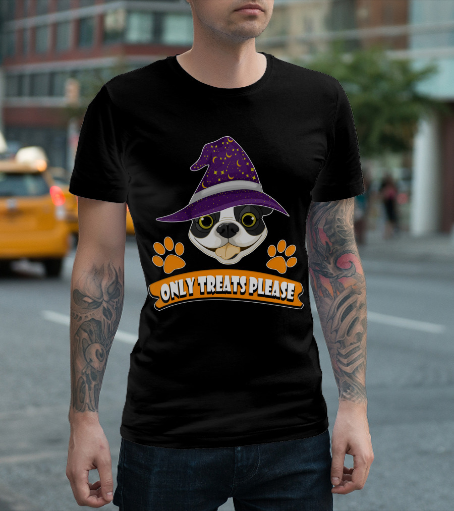 Boston Terrier Only Treats Please Wizard Hat and Paw Prints T-Shirt