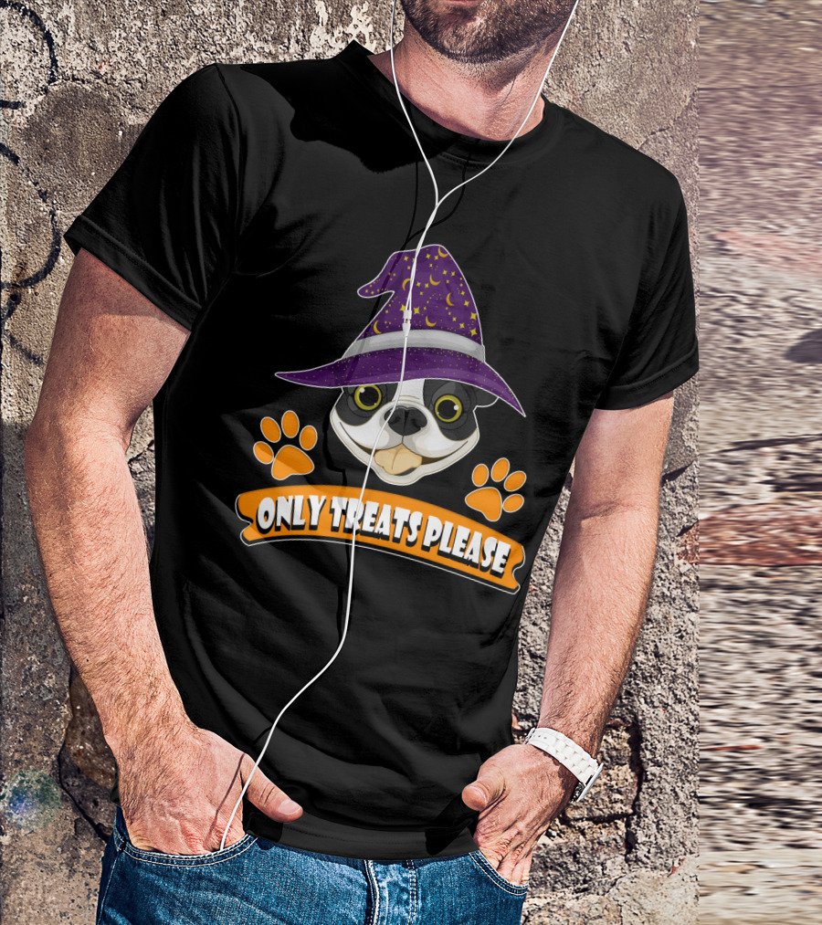 Boston Terrier Only Treats Please Wizard Hat And Paw Prints T-Shirt