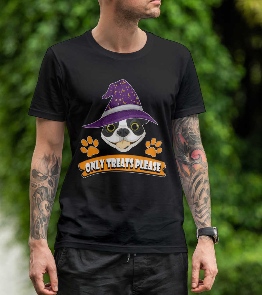 Boston Terrier Only Treats Please Wizard Hat And Paw Prints T-Shirt