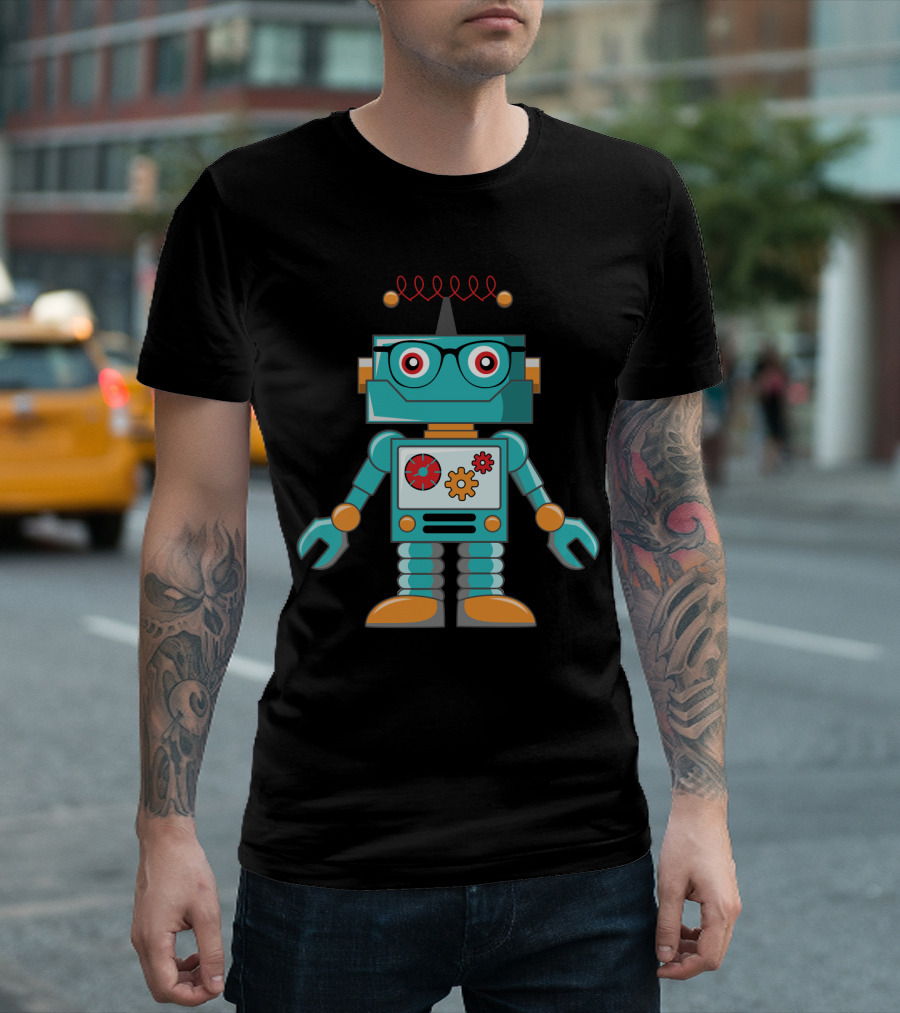 Cute Vintage Robot with Glasses and Gears T-Shirt