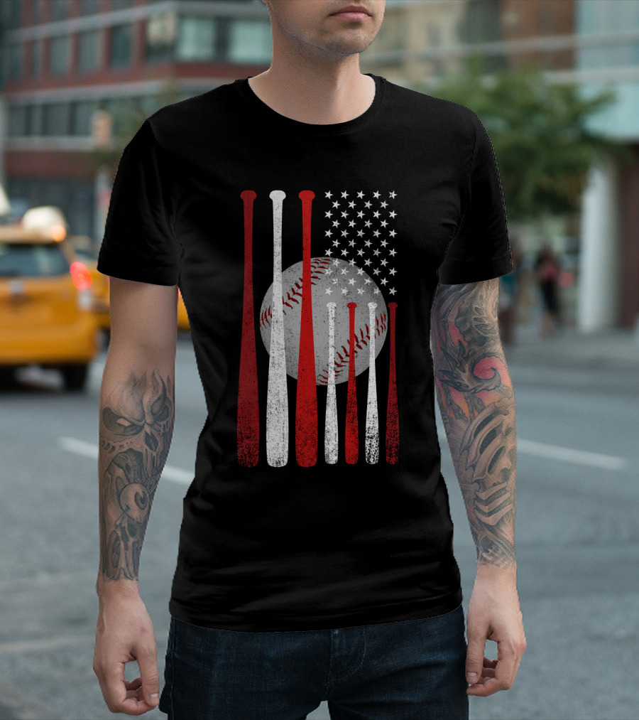 Vintage American Flag Baseball Bats And Ball Stars T-Shirt