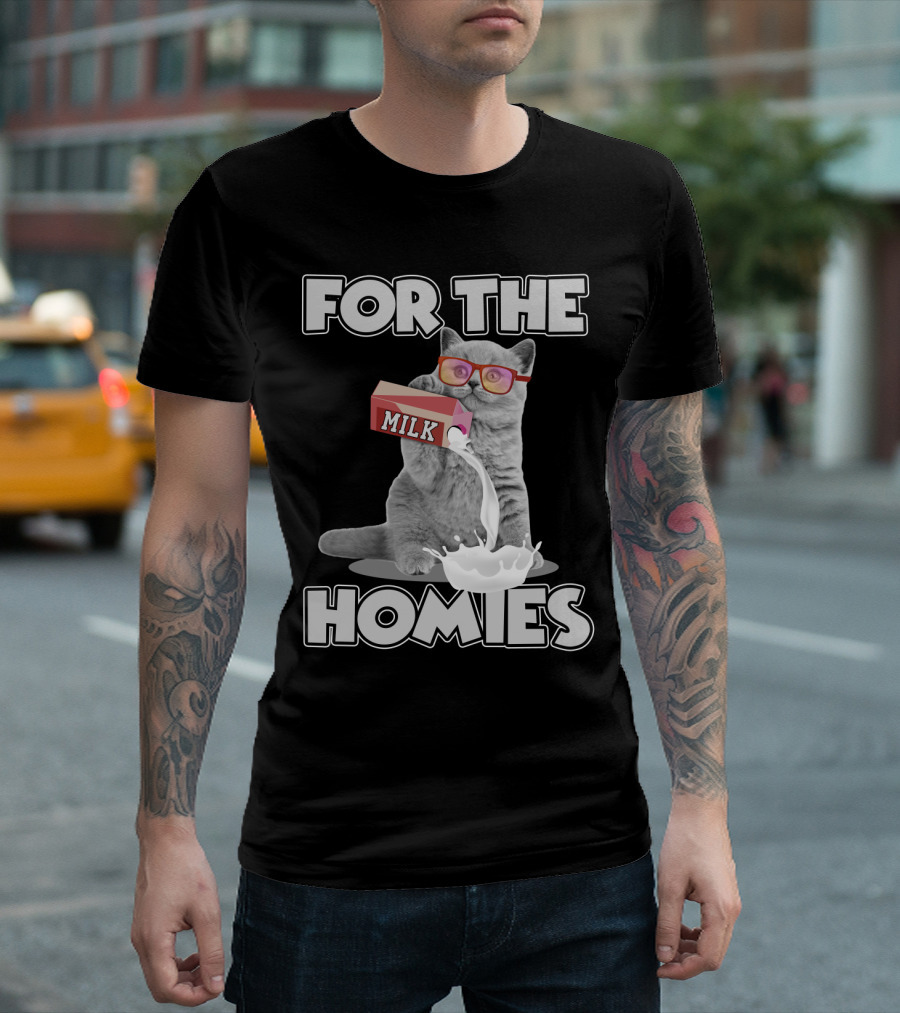 For The Homies Funny Cat Pouring Milk With Glasses T-Shirt